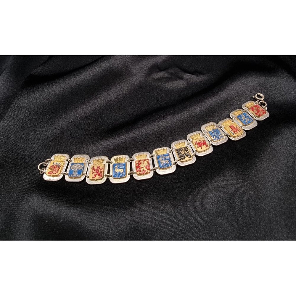 Swedish 1950's-1970's Vintage Enamel Heraldic Bracelet With Crowned Shields